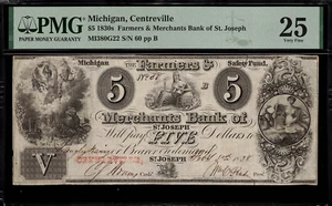 1830's $5 Obsolete - Centreville, MI - Farmers & Merchants Bank - PMG 25 Comment - Picture 1 of 2