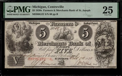 1830's $5 Obsolete - Centreville, MI - Farmers & Merchants Bank - PMG 25 Comment - Image 1 of 2