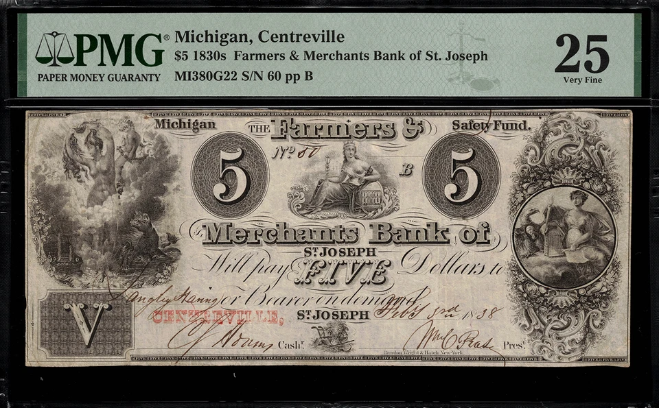 1830's $5 Obsolete - Centreville, MI - Farmers & Merchants Bank - PMG 25 Comment - Image 1 of 2
