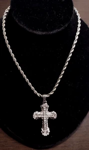 Thick Silver Tone Rope Necklace with Stunning Large Cross Pendant (CZ's) - Picture 1 of 21