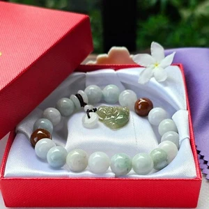 Burmese Jade Bracelet Pastel Color Red Jade Step Decorated with Phra Sangkachai - Picture 1 of 10