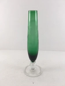 Art Glass Emerald Green Etched Grapes & Vines Clear Pedistal Base 8” Tall - Picture 1 of 5