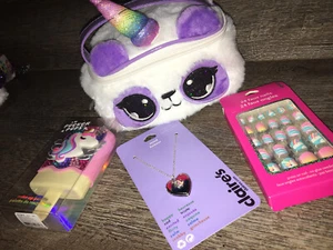 Claire’s Plush Panda Unicorn Cosm Bag Faux Stick Nails MooD Locket Necklace Lot - Picture 1 of 8