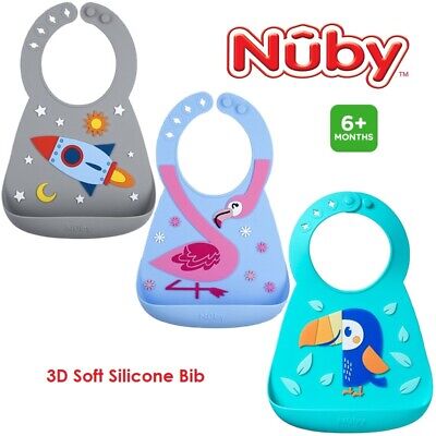 Nuby 3D Baby Feeding Bib Roll Up Mess Free Pocket Catch All Soft Silicone Cover • 9.67€