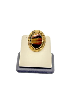 Gold-Plated Simulated Tiger's Eye Stone Antique Cameo Brooch - Picture 1 of 7