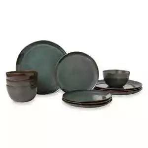 12-Piece Ceramic Stoneware Dish Set Dinnerware 4 Rustic Design Dishwasher Safe - Picture 1 of 4