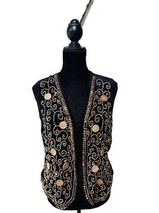 Vintage Effeci Black Velvet Vest Medium Wood Bead Embellishments Lined Excellent - Picture 1 of 10