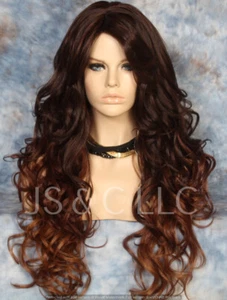 FUll Human Hair Blend Wig Long Curly Heat OK Ombre Auburn Mix Bangs RBBT 23033 - Bild 1 von 8
