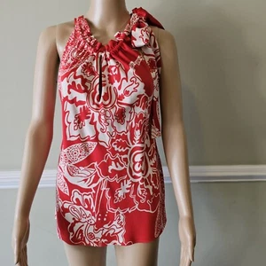 SoCa ST. JOHN  size small                    Red & White Floral Silky Top - Picture 1 of 18