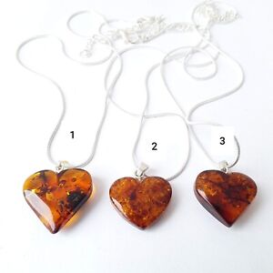 Baltic amber HEART pendant necklace,   gemstone  pendant on a silver color chain
