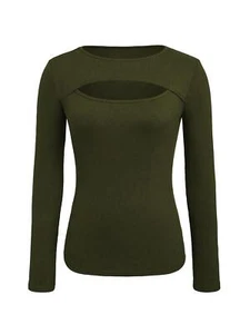 Women's Cutout Tops Solid Color Slim Fit Long Sleeve Ribbed T-Shirt Sexy Tshirts - Picture 1 of 14