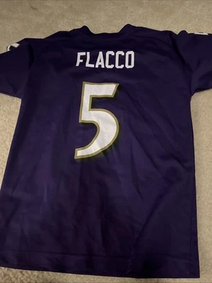 老式BALTIMORE RAVENS #5 JOE FLACCO NIKE ON FIELD YOUTH中号紫色球衣 — 第 1/2 张图片