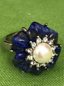 Silver Ring For Women Lapis Lazuli Charm Flower Ring . Size 7.5 - Picture 1 of 11