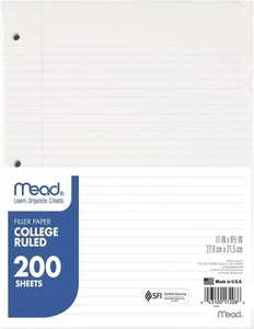 Carta per quaderni in idromele sfusa, carta per quaderni riempitiva rigata per college, 8-1/2" x 11", 200 Sh - Foto 1 di 5