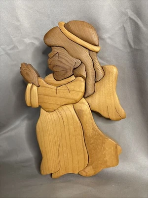 "Hermoso arte de pared vintage de ángel de intarsia decoración de madera hecho a mano 9,5""" Foto 1 de 4