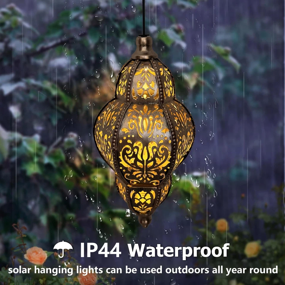 Luces solares colgantes decoración exterior linterna solar de metal para patio jardín Foto 1 de 4