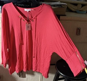 Calvin Klein NWT 2X $70 Women’s Plus Lace-up V-neck Pink 3/4 Zip Sleeve Blouse - Picture 1 of 8