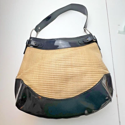 Ann Taylor  Straw Handbag Tan  Purse With Navy Patent Trim - Image 1 of 4