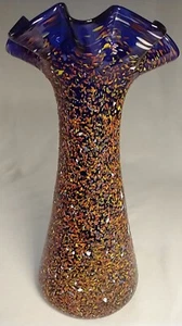 Vtg Cobalt Blue Art Glass Vase With Multicolor Frit Spatter Blown In Mold As Is  - Picture 1 of 10