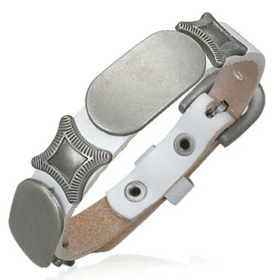 Pulsera cuadrada ovalada de cuero blanco tono plata ajustable para mujer Foto 1 de 2