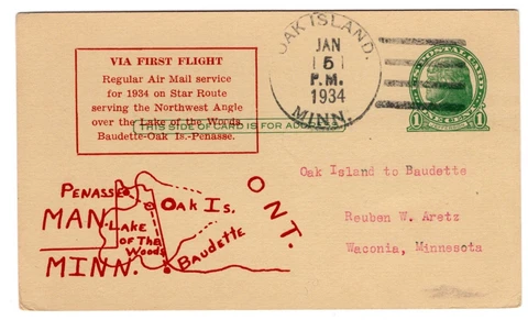 UX27 Star Route Flight 1934 Oak Island MN - Baudette ex Aretz Cover