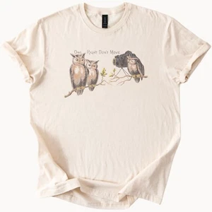 Funny Owl Camera Graphic Shirt with Birds on Branch Nature Lover Tee - Picture 1 of 6