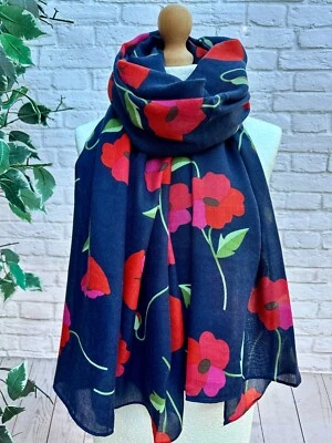 SHE LOVES GIFTS Ladies NAVY BLUE and RED Poppy Flower Print Scarf