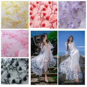 3D Chiffon Flower Mesh Lace Fabric Handmade Wedding Dress Fabric Decor By Metre - Picture 1 of 22