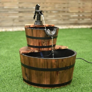 2 Tier Barrel Waterfall Fountain Barrel Wooden Water Fountain Pump Outdoor - Picture 1 of 7