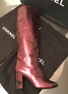 New Chanel Tall Leather Cap Toe Camellia Burgundy Boots 41 $1750 - Picture 1 of 8