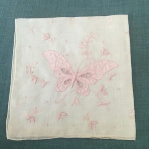 Vintage weißes Leinen Taschentuch rosa Schmetterling bestickt Applikation - Bild 1 von 4