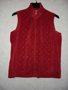 Quaker Factory Vest Women M Red Velvet Embellished Full Zip Collared Sleeveless - Picture 1 of 12