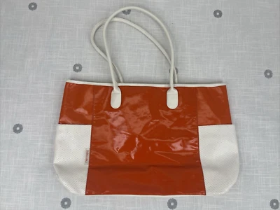 Bolso de Playa Shiseido Naranja/Marfil Recubierto de Lona e Imitación Cuero 20x12" NUEVO Foto 1 de 4