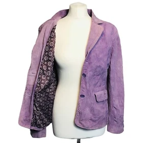 New Frontier Vintage Purple Suede Leather Jacket Size M Button Floral Lining - Picture 1 of 9