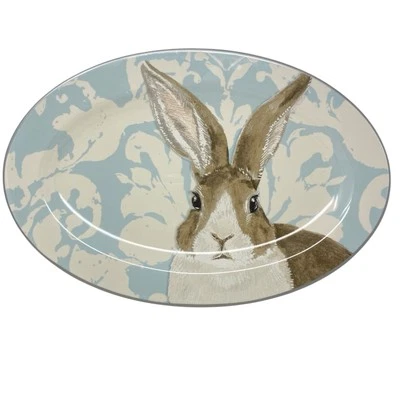 Williams Sonoma Damask Bunny Platter Sarving Plate Blue Floral Rabbit  OVAL 14" - Image 1 of 4