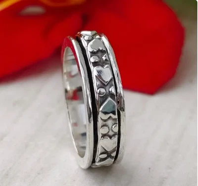925 Silver Heart Spinner Ring: Anxiety Fidget Meditation Ring All Size - Image 1 of 4