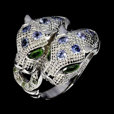 Anillo de plata de ley 925 marquesa cromo diopsido peridoto piedras preciosas joyería talla 7 Foto 1 de 4