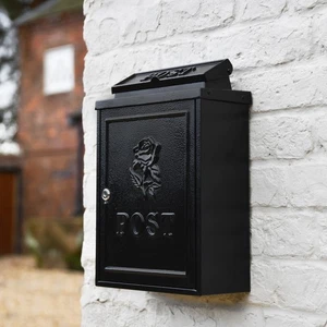 "Norfolk Rose" Black Rose Wall Mounted Post Box - Locking Letter Mail Box - Picture 1 of 6