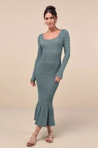 Abito midi Lulus donna Sunset Moments salvia uncinetto manica lunga tromba taglia M - Foto 1 di 6