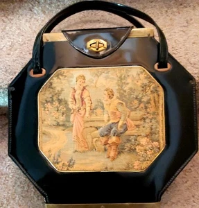 Vintage Tyrolean NY Tapestry and Patent Leather Handbag Large 13 3/4" X 12 3/4" - Picture 1 of 9