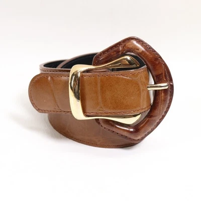 Express Intl Belt Women S Butterscotch Brown Croc Embossed Leather Gold Tone - Image 1 of 4