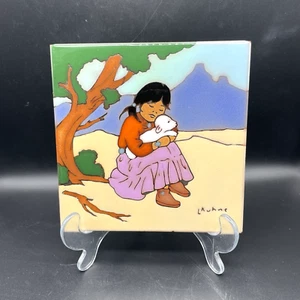 Vtg Earthtones Leone Kuhme Southwestern Tile Trivet Wall Décor Girl & Lamb 6x6 - Picture 1 of 10