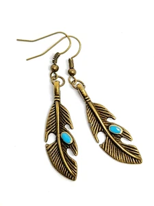 Feather Earrings Turquoise Enamel American Indian Style Bronzed Costume Fashion - Picture 1 of 24
