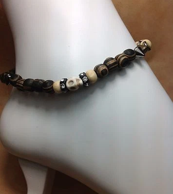 Howlite Skull Gemstone Wood Ankle Bracelet/Anklet W/Swarovski Elements USA  - Image 1 of 4