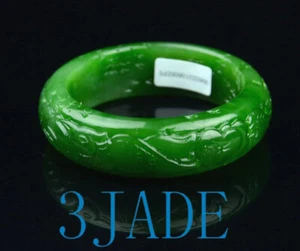 Brazalete de jade de jade verde espinaca de 53 mm tallado a mano pájaro flor con certificado - Imagen 1 de 13