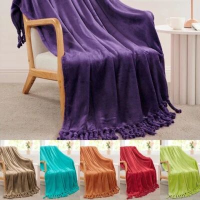 HOME SOFT THINGS Throw Blankets Couch Cover Flannel Fleece Throw with Braided Rope Fringe Tassels