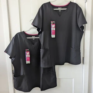 2 Scrubstar Scrub Tops Womens 2XL Fashion Stretch Black V-Neck Pockets Soft - Picture 1 of 12