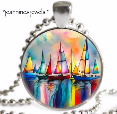 COLLAR puerto velero imitación vitral arte impresión náutica playa joyería Foto 1 de 4