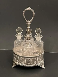 Antique English Condiment Cruet 4 Bottle Set Stand Silverplate  - Picture 1 of 18
