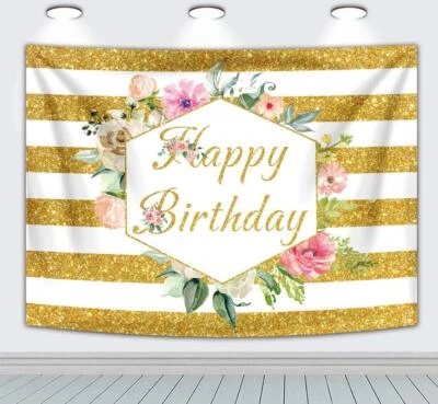 Fundo de flores de aniversário ouro rosa glitter rosa listra floral foto pano de fundo - Imagem 1 de 4